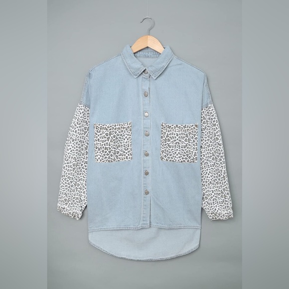 NEW Casual Leopard Denim Lapel Long Sleeve Button Down Oversized Jackets Coat - Picture 8 of 9